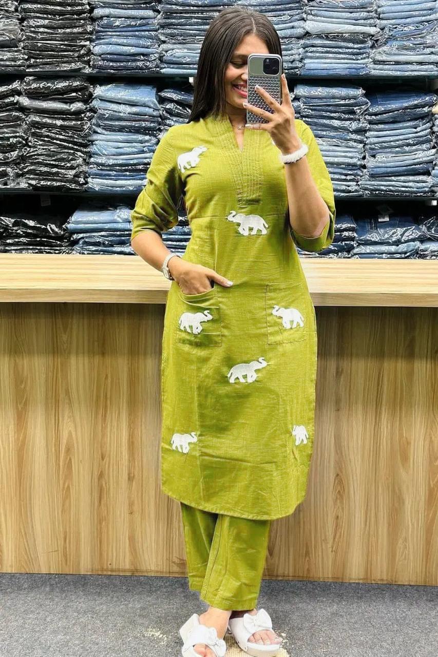 Dulcet Green Rayon Elephant Embroidered Kurta Set With Plazzo