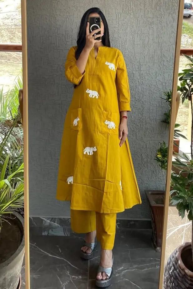 Classy Mustard Rayon Elephant Embroidered Kurta Set With Plazzo