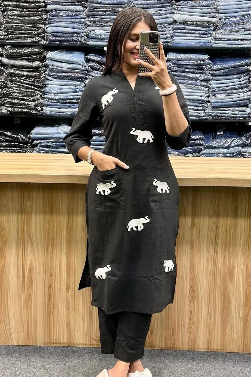 Smart Black Rayon Elephant Embroidered Kurta Set With Plazzo