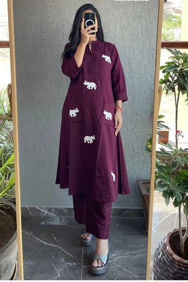 Opulent Wine Rayon Elephant Embroidered Kurta Set With Plazzo
