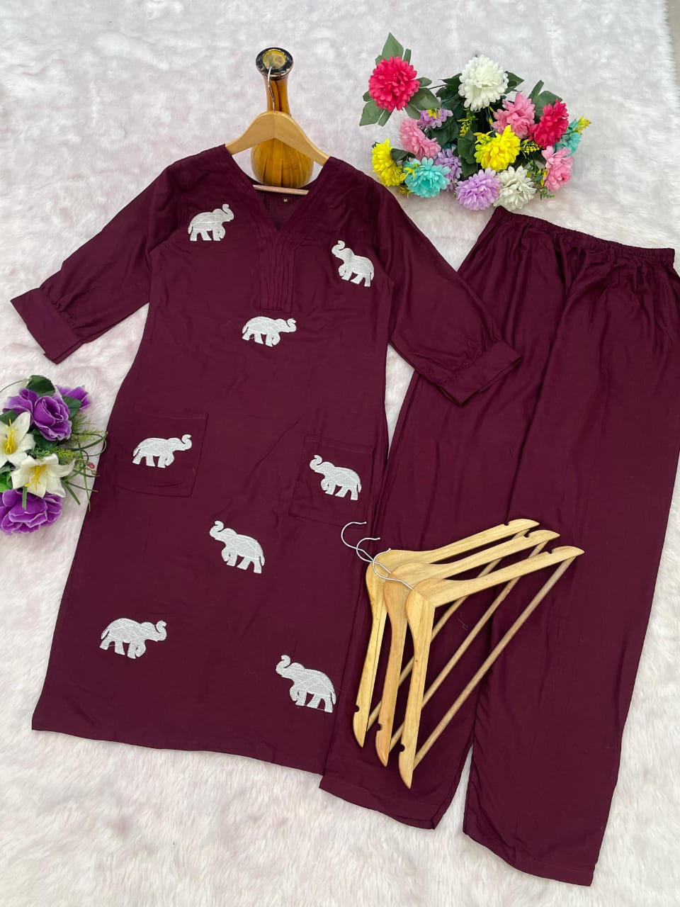 Opulent Wine Rayon Elephant Embroidered Kurta Set With Plazzo