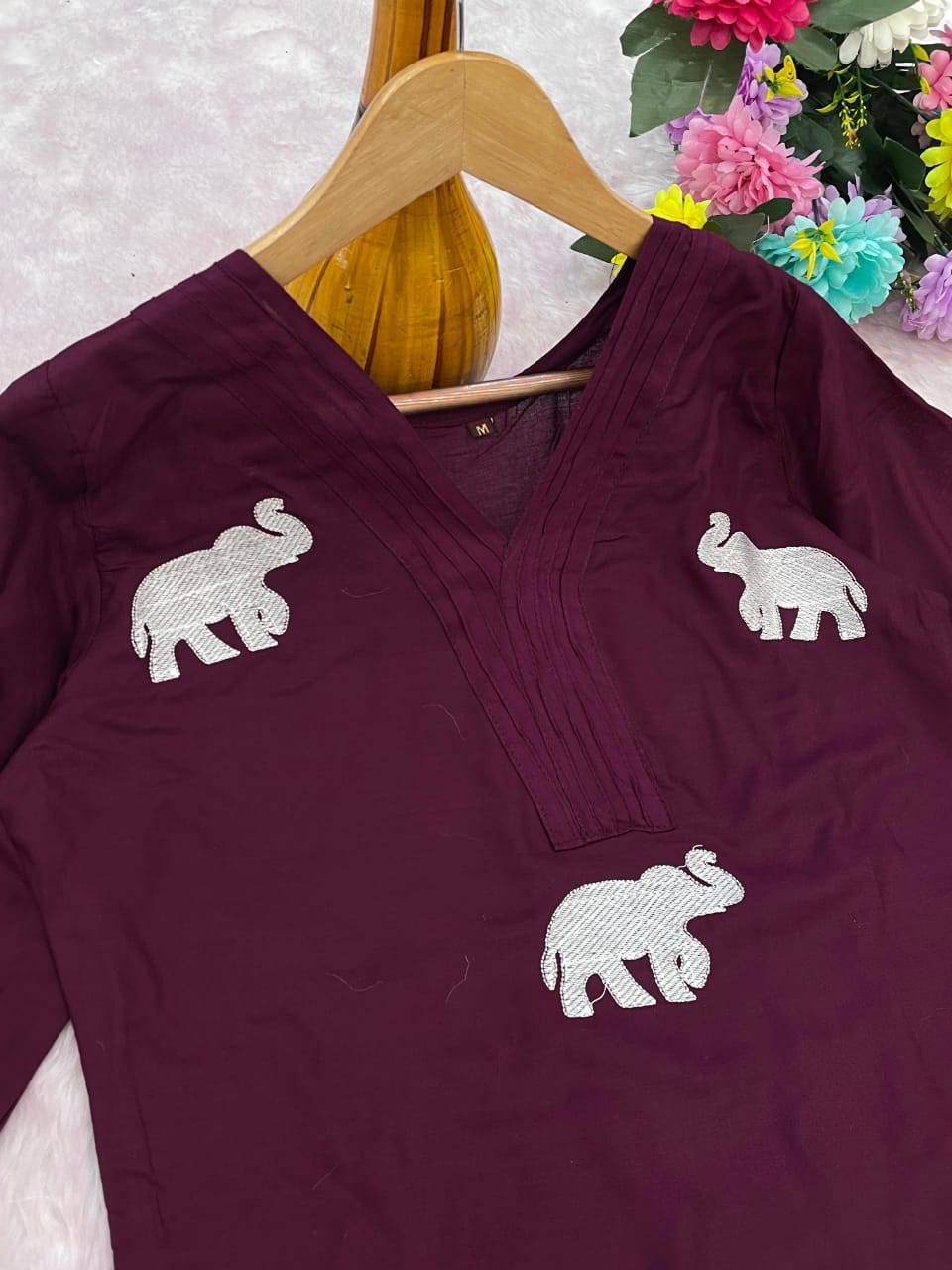 Opulent Wine Rayon Elephant Embroidered Kurta Set With Plazzo