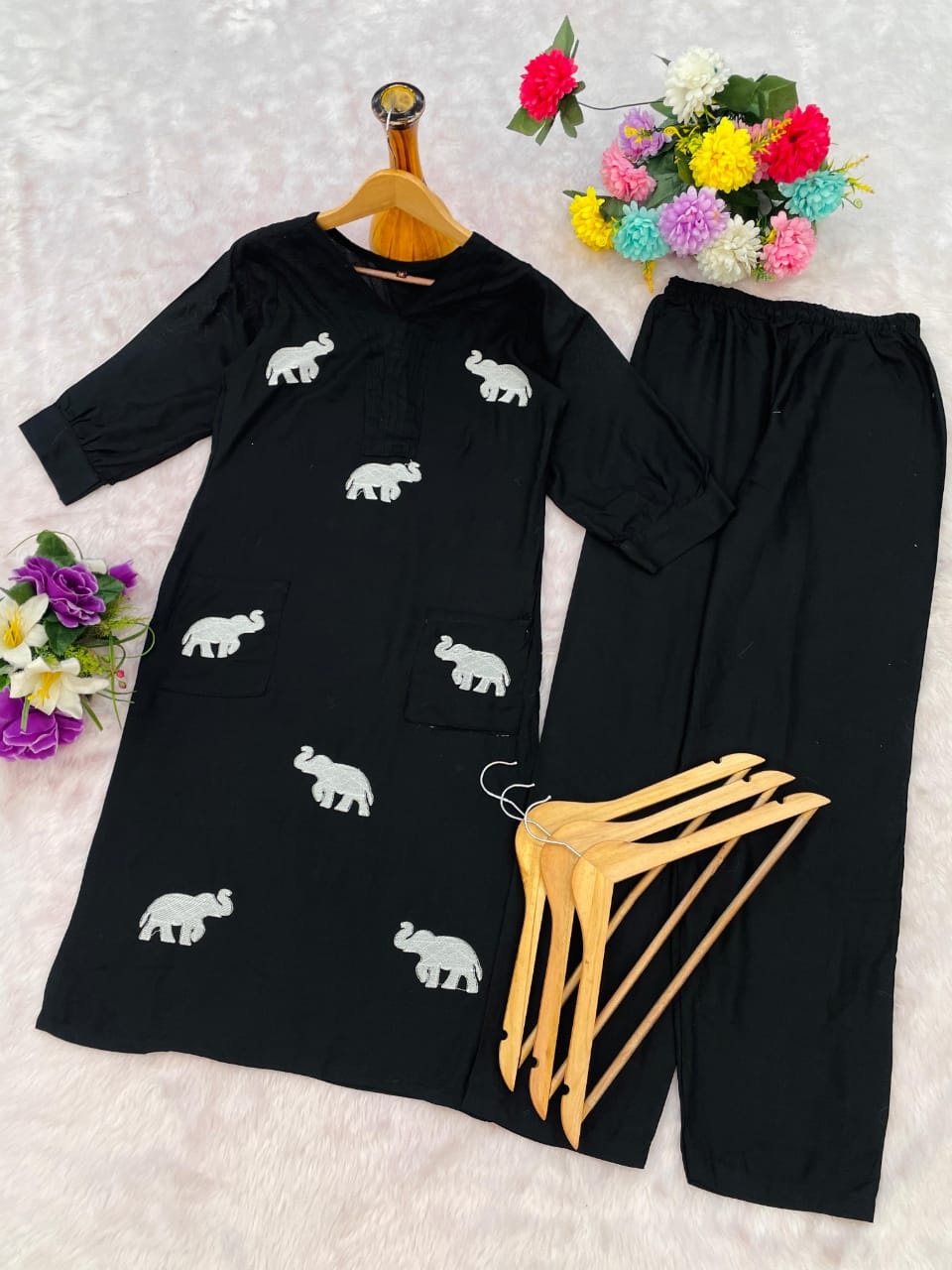 Smart Black Rayon Elephant Embroidered Kurta Set With Plazzo