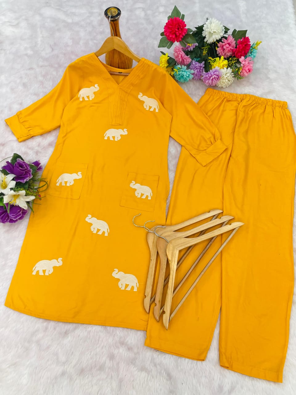 Classy Mustard Rayon Elephant Embroidered Kurta Set With Plazzo