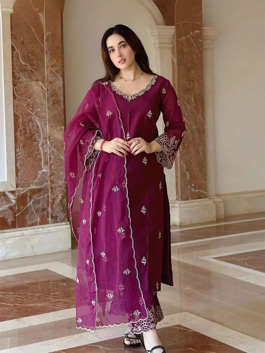 Cynosure Wine Roman Silk Embroidered Work Anarkali Suit Set