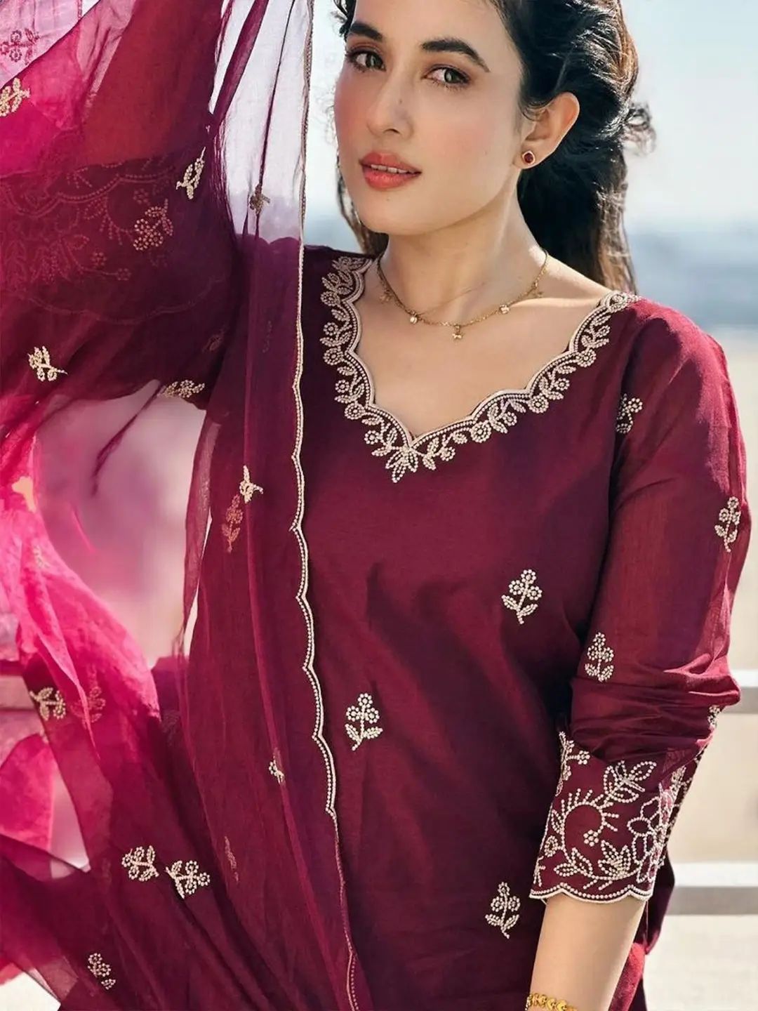 Cynosure Wine Roman Silk Embroidered Work Anarkali Suit Set