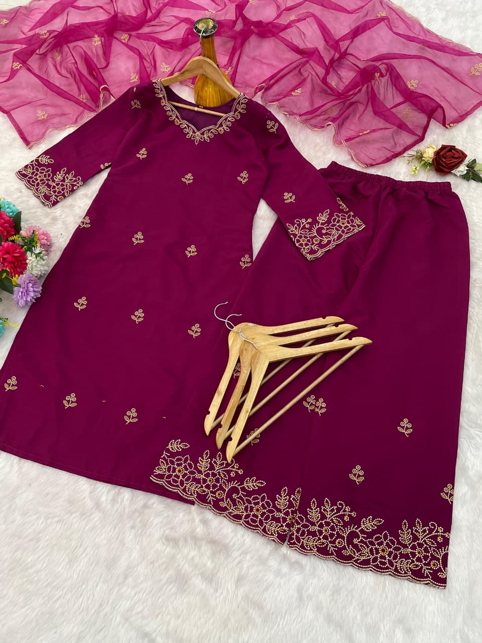Cynosure Wine Roman Silk Embroidered Work Anarkali Suit Set