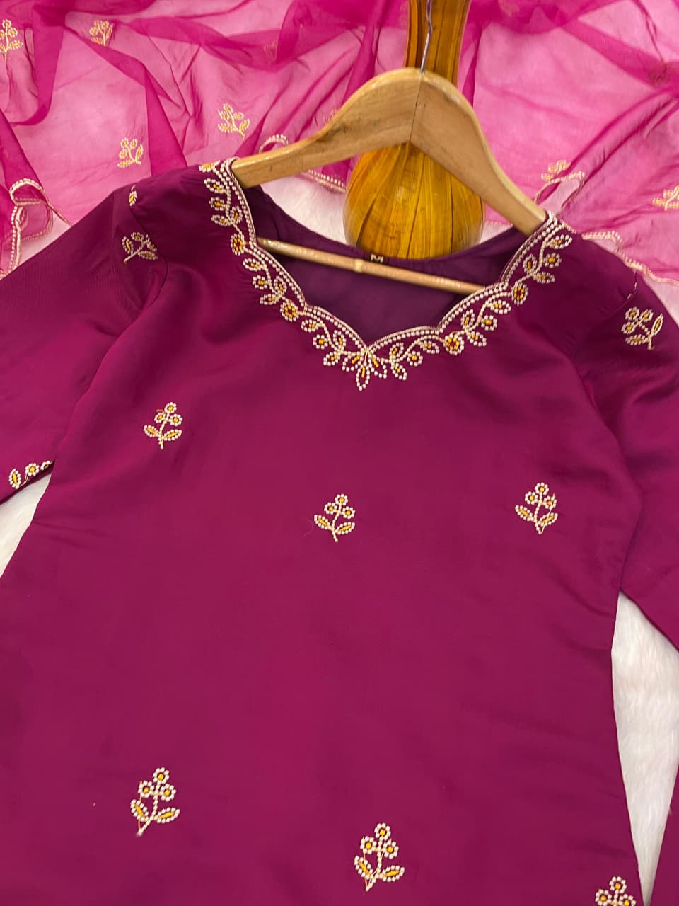 Cynosure Wine Roman Silk Embroidered Work Anarkali Suit Set
