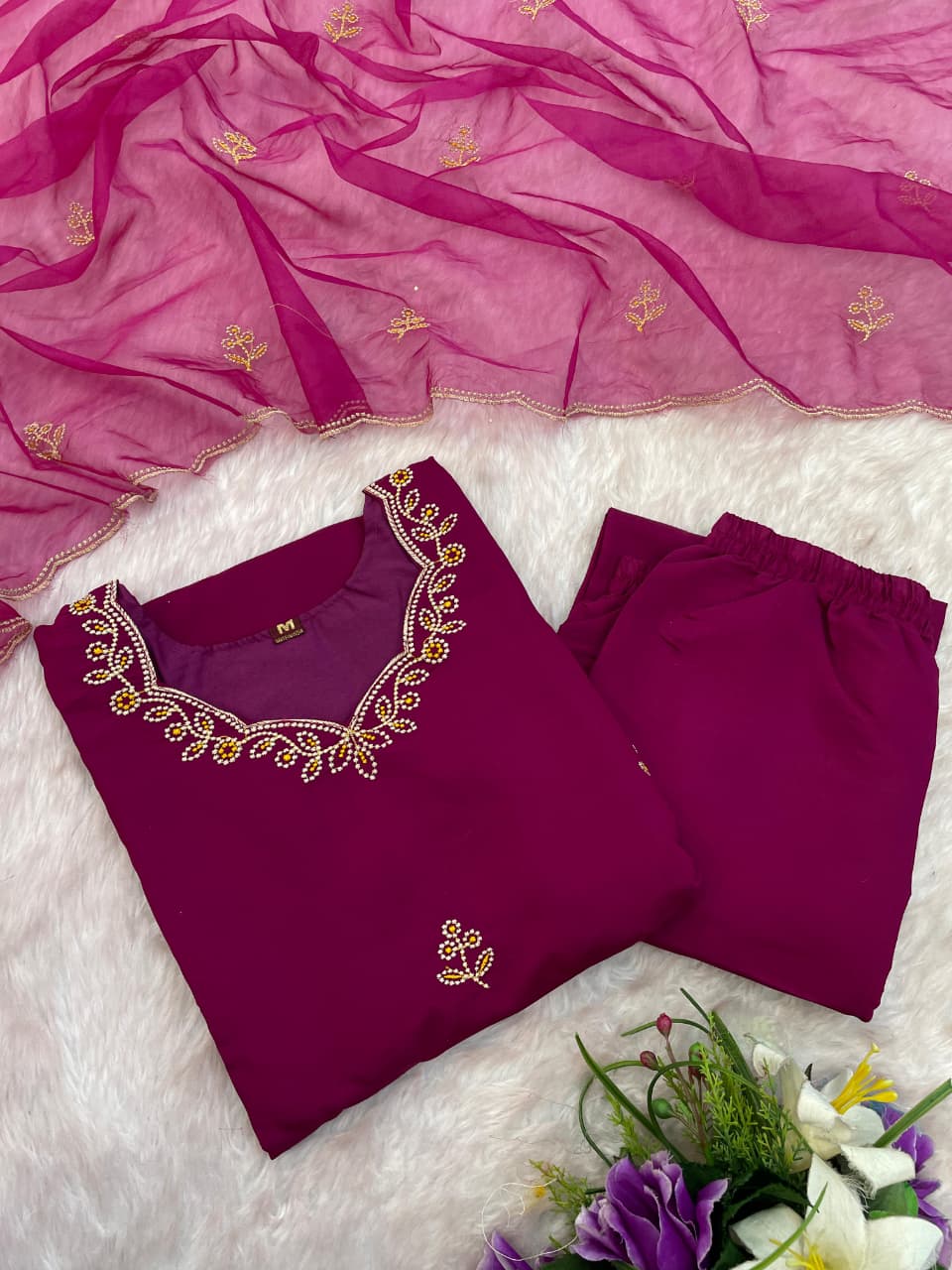 Cynosure Wine Roman Silk Embroidered Work Anarkali Suit Set