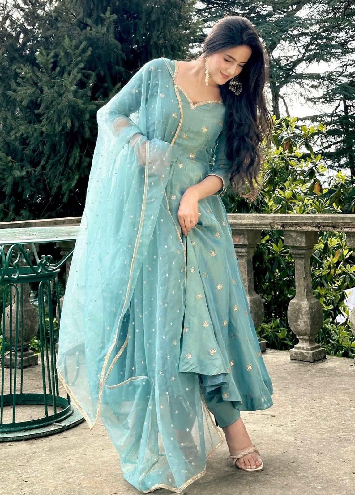Adorable Sky Blue Barbary Silk Embroidered Sequence Work Anarkali Suit Set
