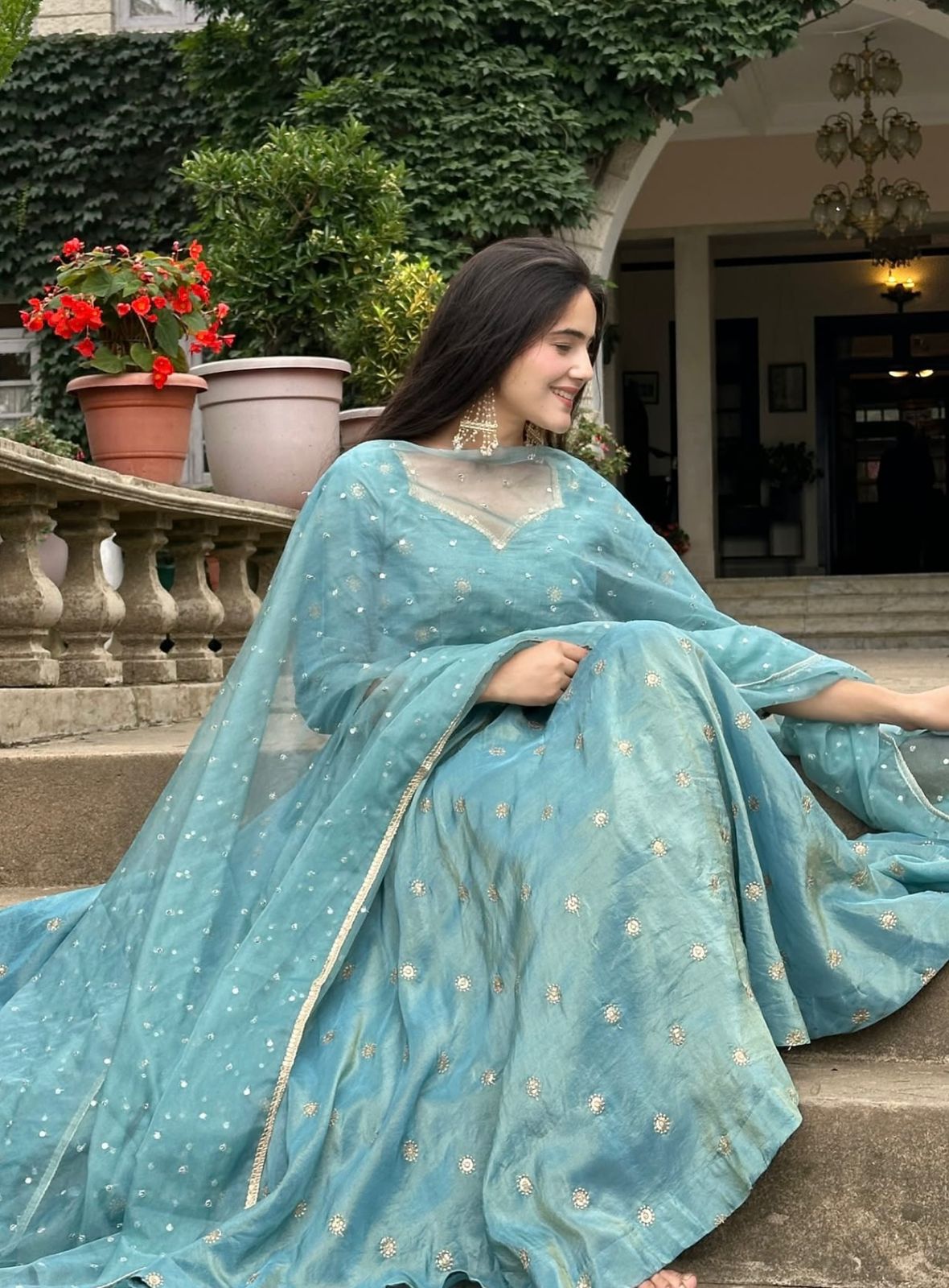 Adorable Sky Blue Barbary Silk Embroidered Sequence Work Anarkali Suit Set