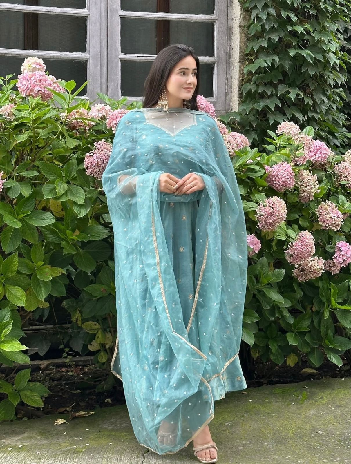 Adorable Sky Blue Barbary Silk Embroidered Sequence Work Anarkali Suit Set