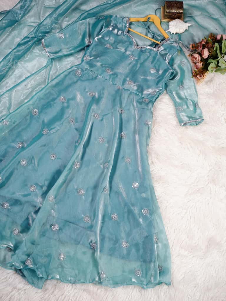 Adorable Sky Blue Barbary Silk Embroidered Sequence Work Anarkali Suit Set