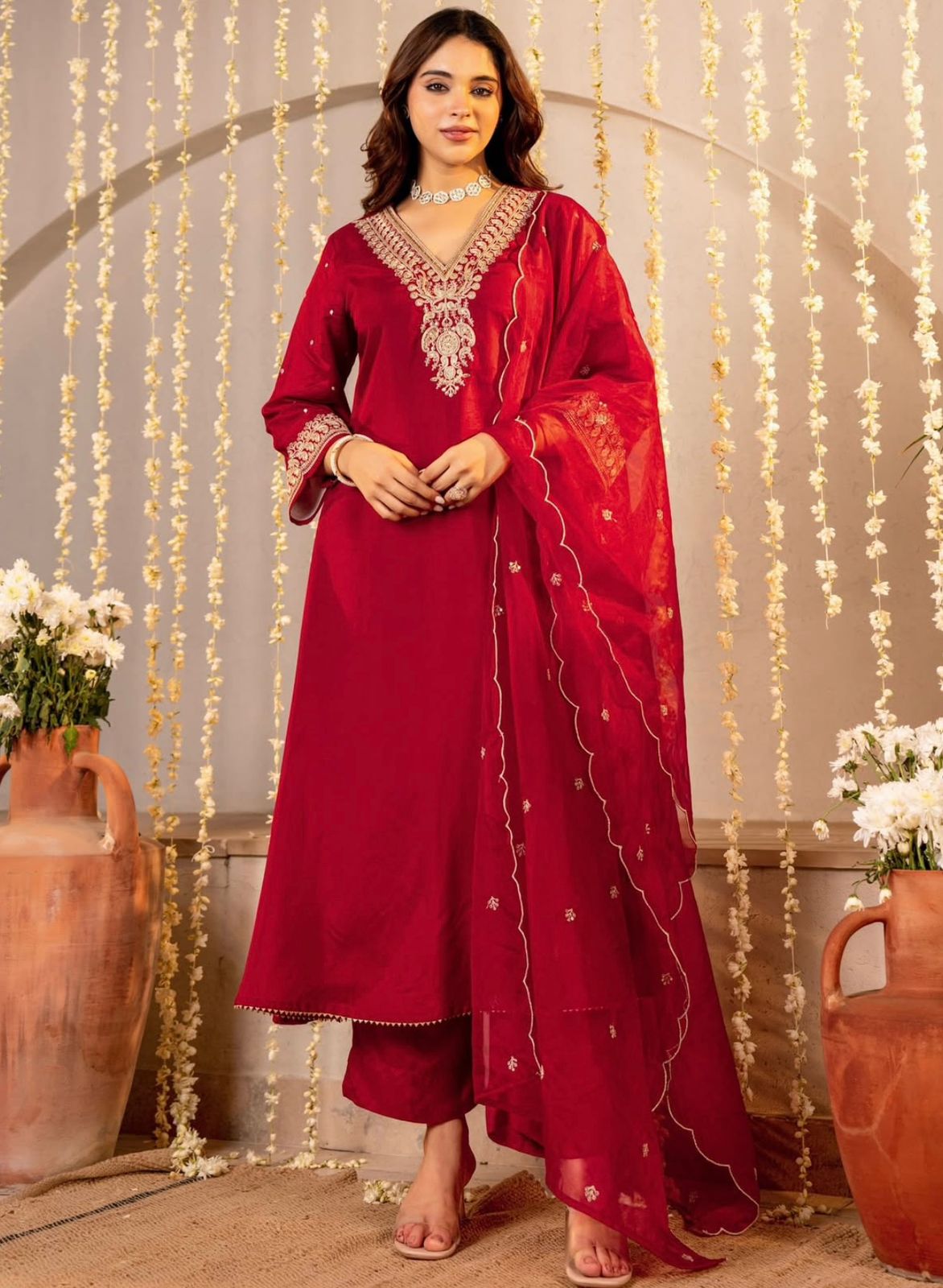 Jubilant Maroon Roman Silk Embroidered Work Suit Set