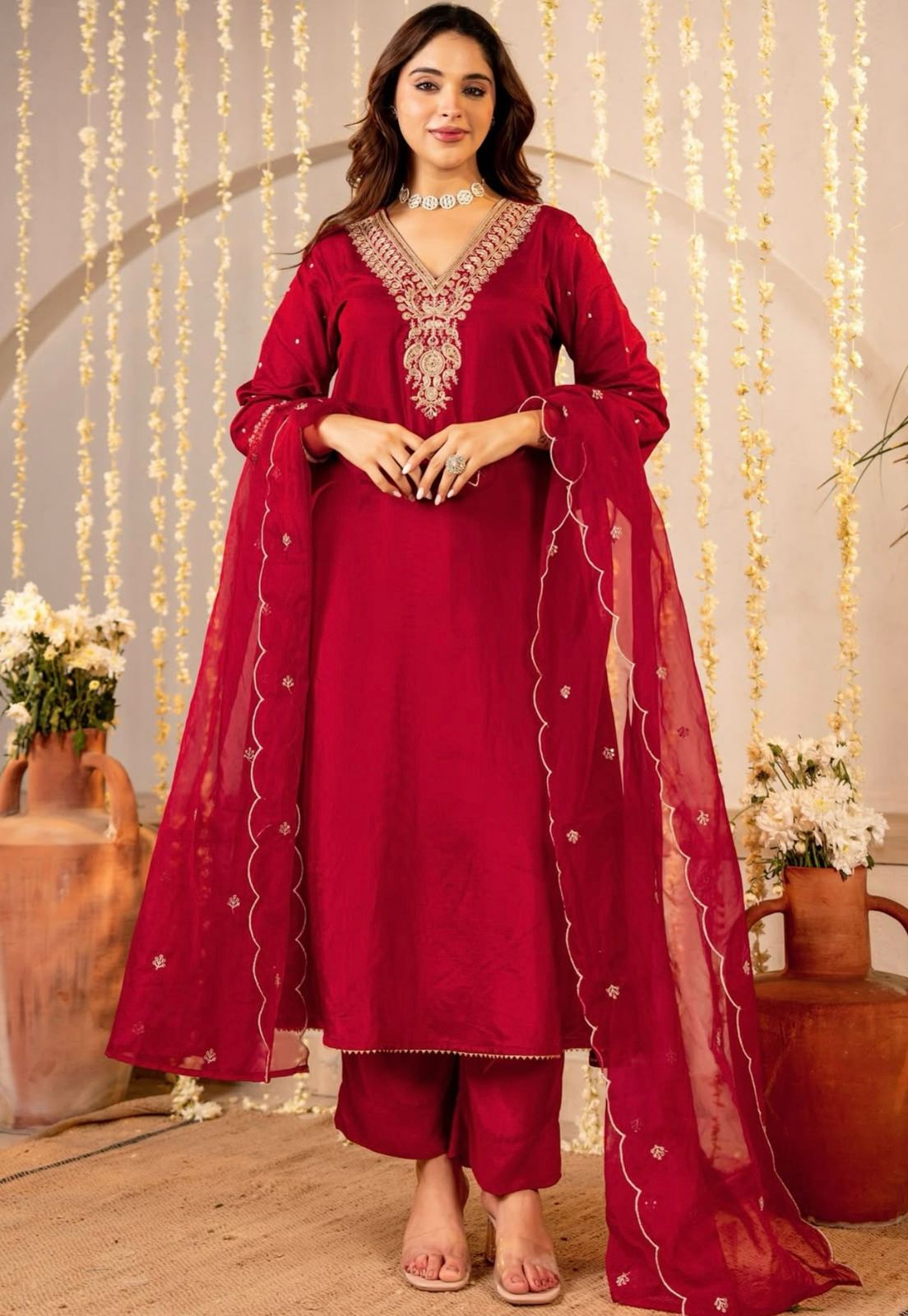 Jubilant Maroon Roman Silk Embroidered Work Suit Set
