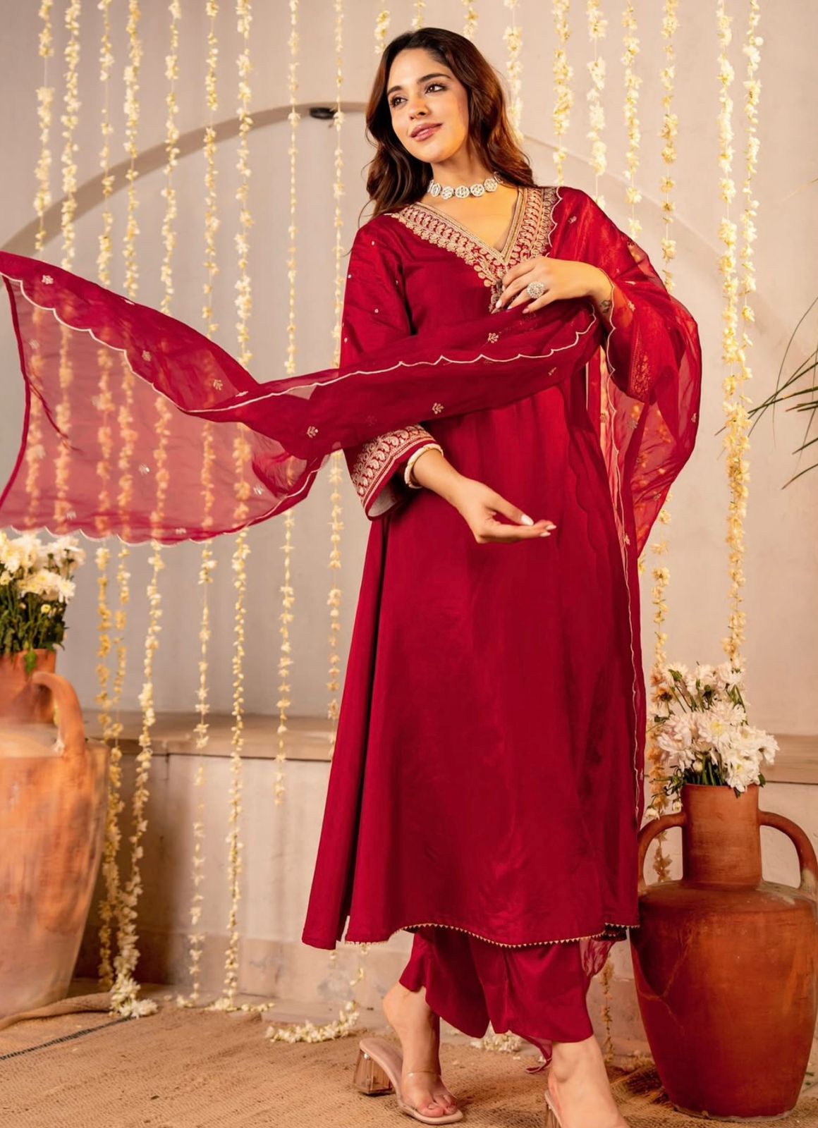 Jubilant Maroon Roman Silk Embroidered Work Suit Set