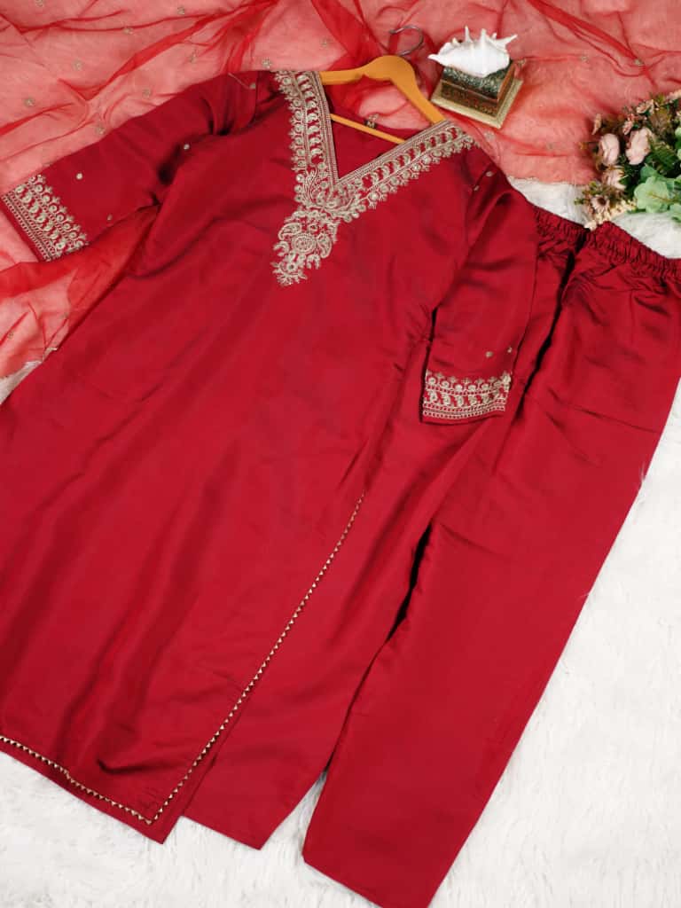 Jubilant Maroon Roman Silk Embroidered Work Suit Set