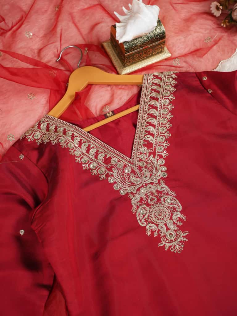 Jubilant Maroon Roman Silk Embroidered Work Suit Set