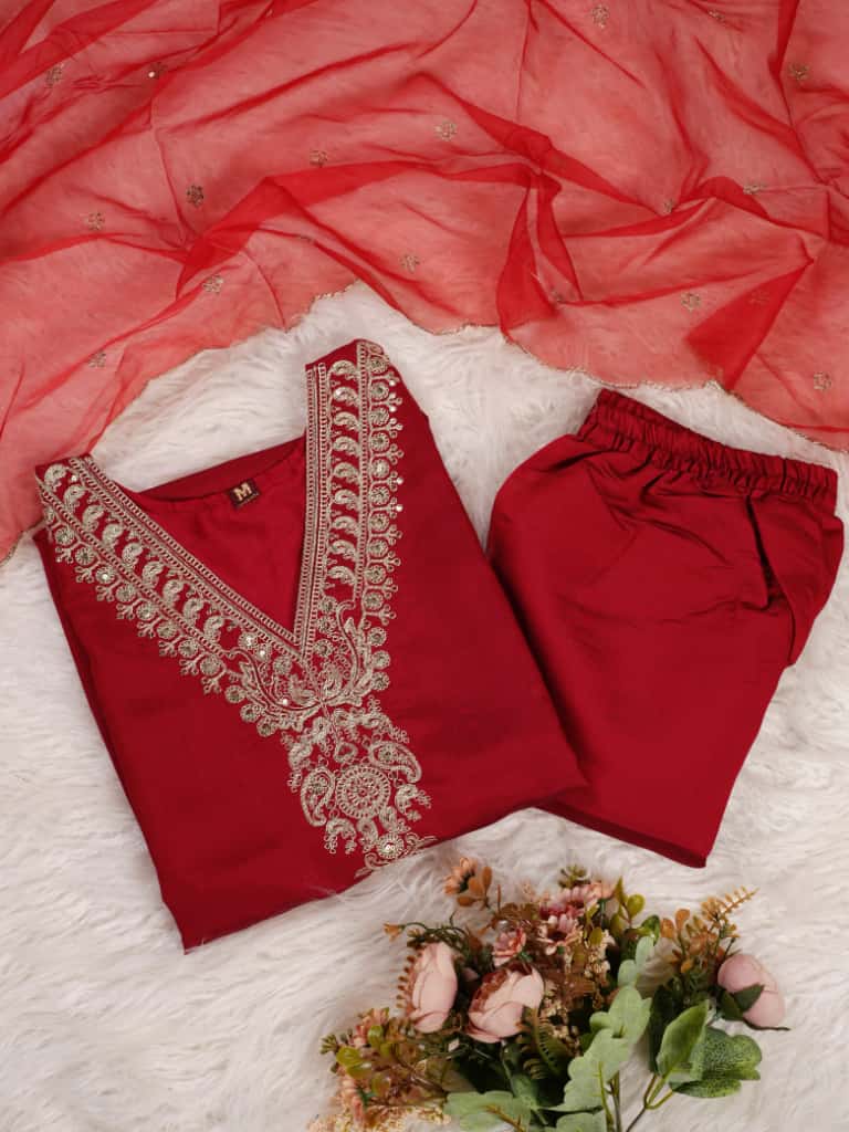 Jubilant Maroon Roman Silk Embroidered Work Suit Set
