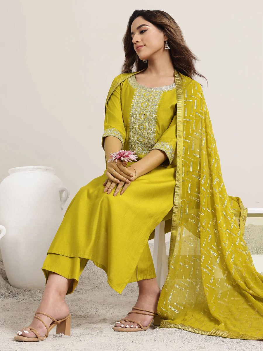Groovy Mustard Rayon Silk Embroidery Work Suit Set
