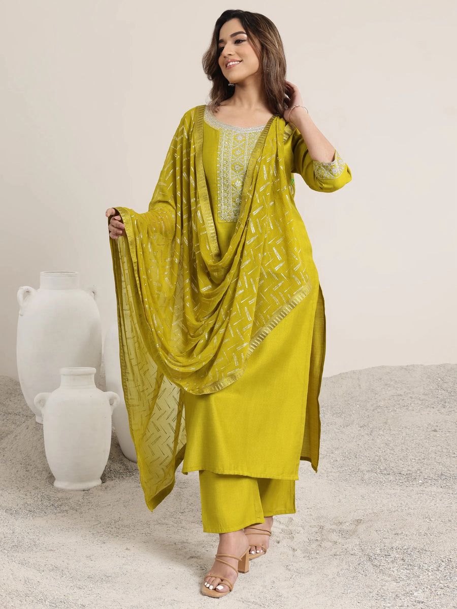 Groovy Mustard Rayon Silk Embroidery Work Suit Set