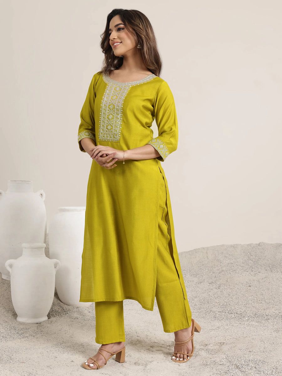Groovy Mustard Rayon Silk Embroidery Work Suit Set