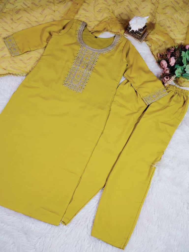Groovy Mustard Rayon Silk Embroidery Work Suit Set