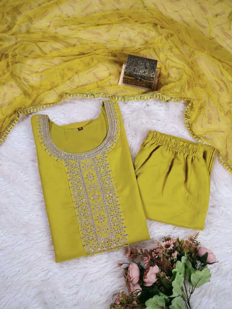 Groovy Mustard Rayon Silk Embroidery Work Suit Set