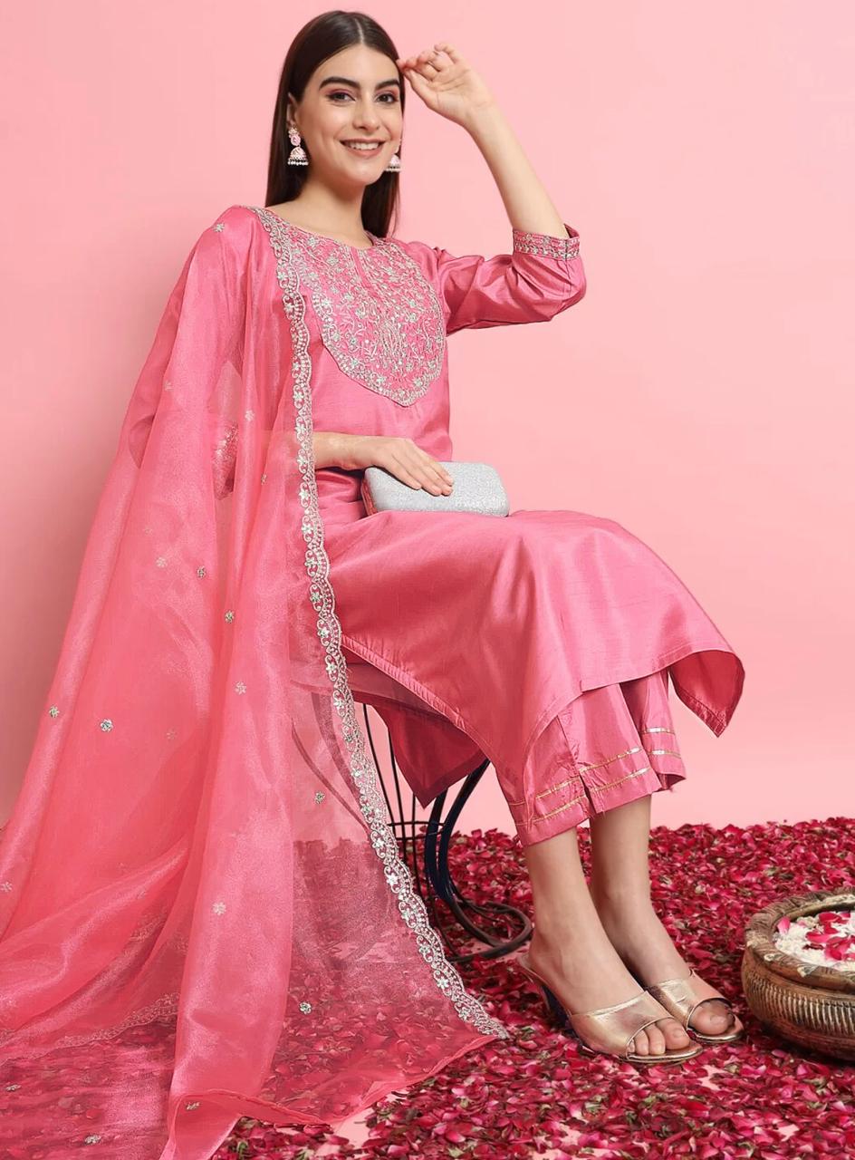 Precious Baby Pink Roman Silk Embroidered Work Suit Set