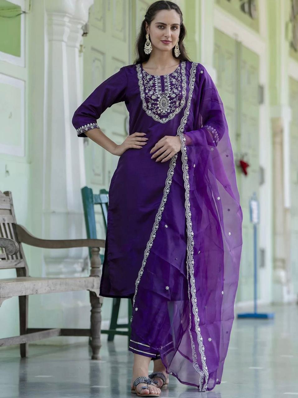 Ravishing Purple Roman Silk Embroidered Work Suit Set