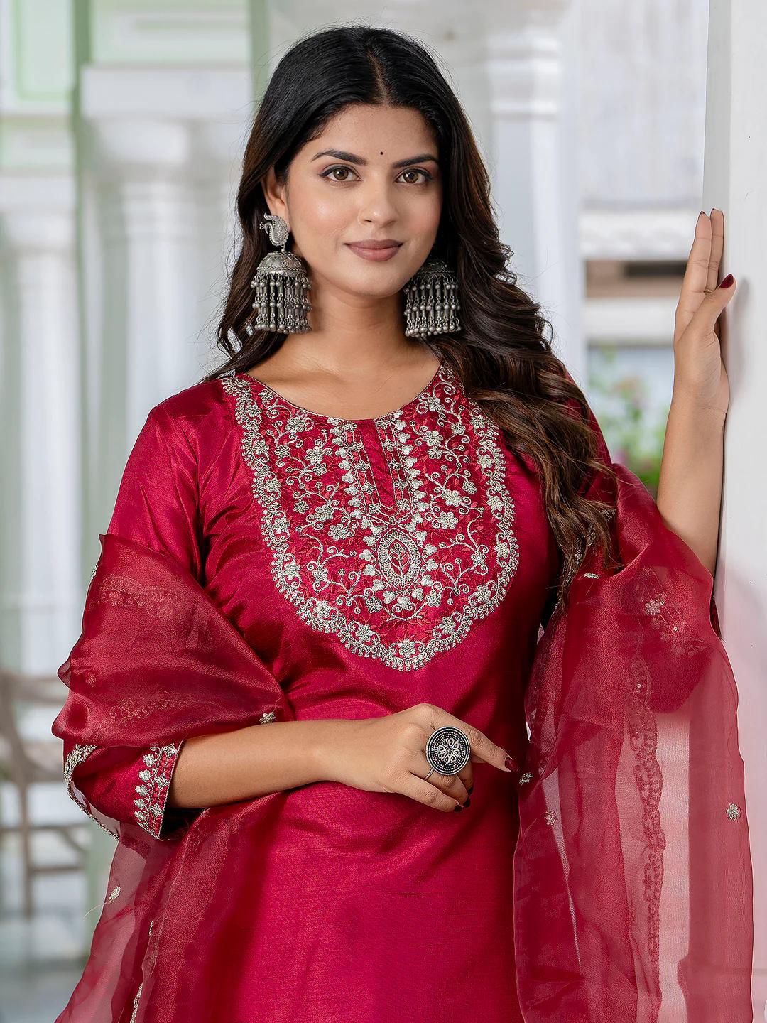 Exquisite Maroon Roman Silk Embroidered Work Suit Set