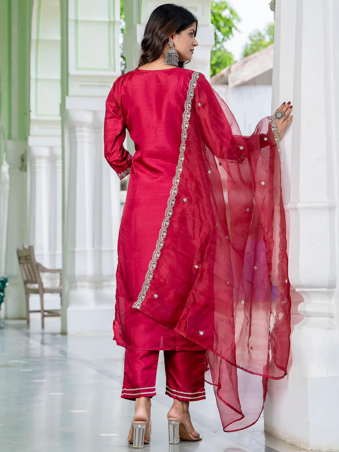 Exquisite Maroon Roman Silk Embroidered Work Suit Set