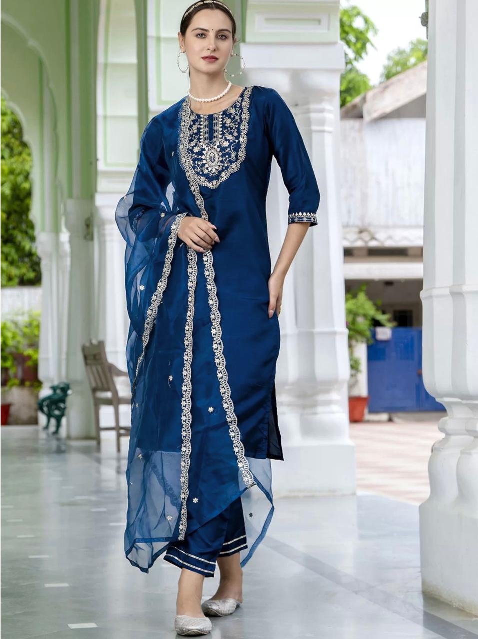 Surpassing Navy Blue Roman Silk Embroidered Work Suit Set