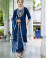 Surpassing Navy Blue Roman Silk Embroidered Work Suit Set