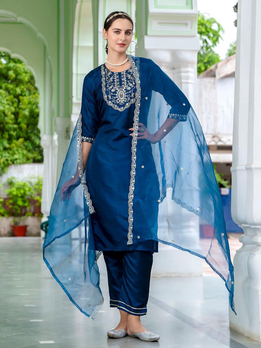 Surpassing Navy Blue Roman Silk Embroidered Work Suit Set