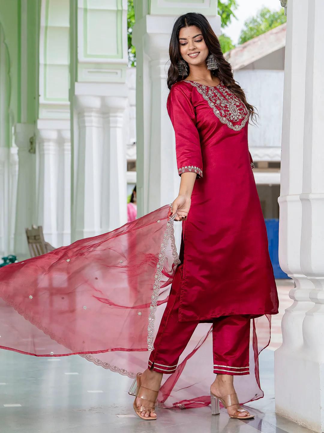 Exquisite Maroon Roman Silk Embroidered Work Suit Set