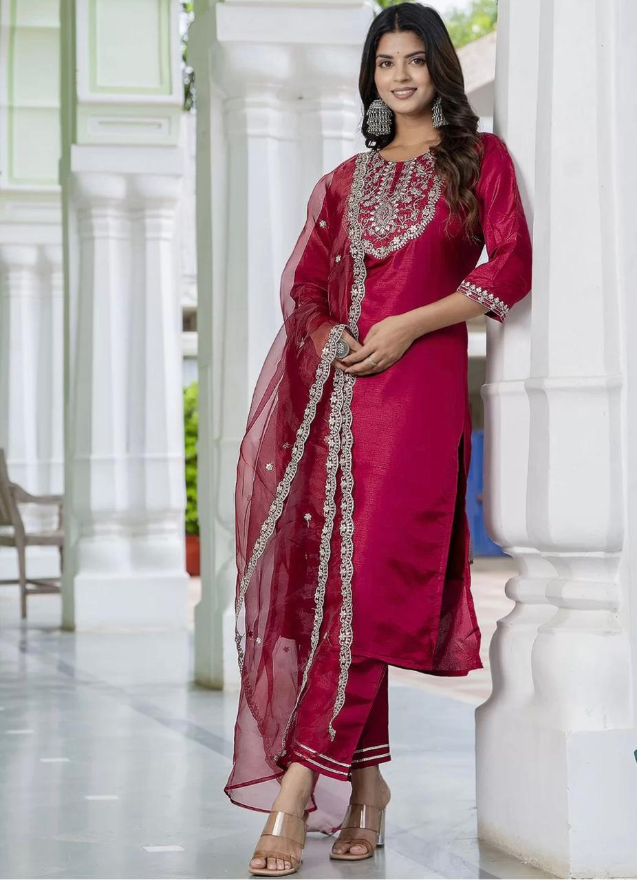 Exquisite Maroon Roman Silk Embroidered Work Suit Set