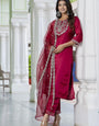 Exquisite Maroon Roman Silk Embroidered Work Suit Set