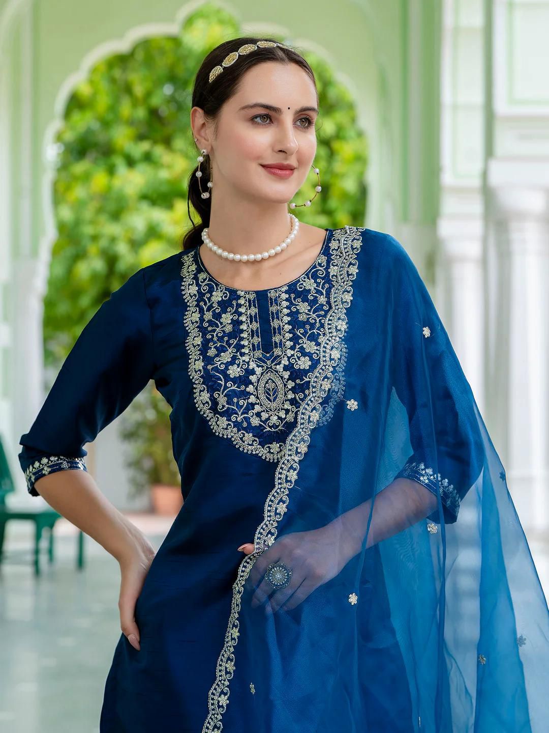 Surpassing Navy Blue Roman Silk Embroidered Work Suit Set