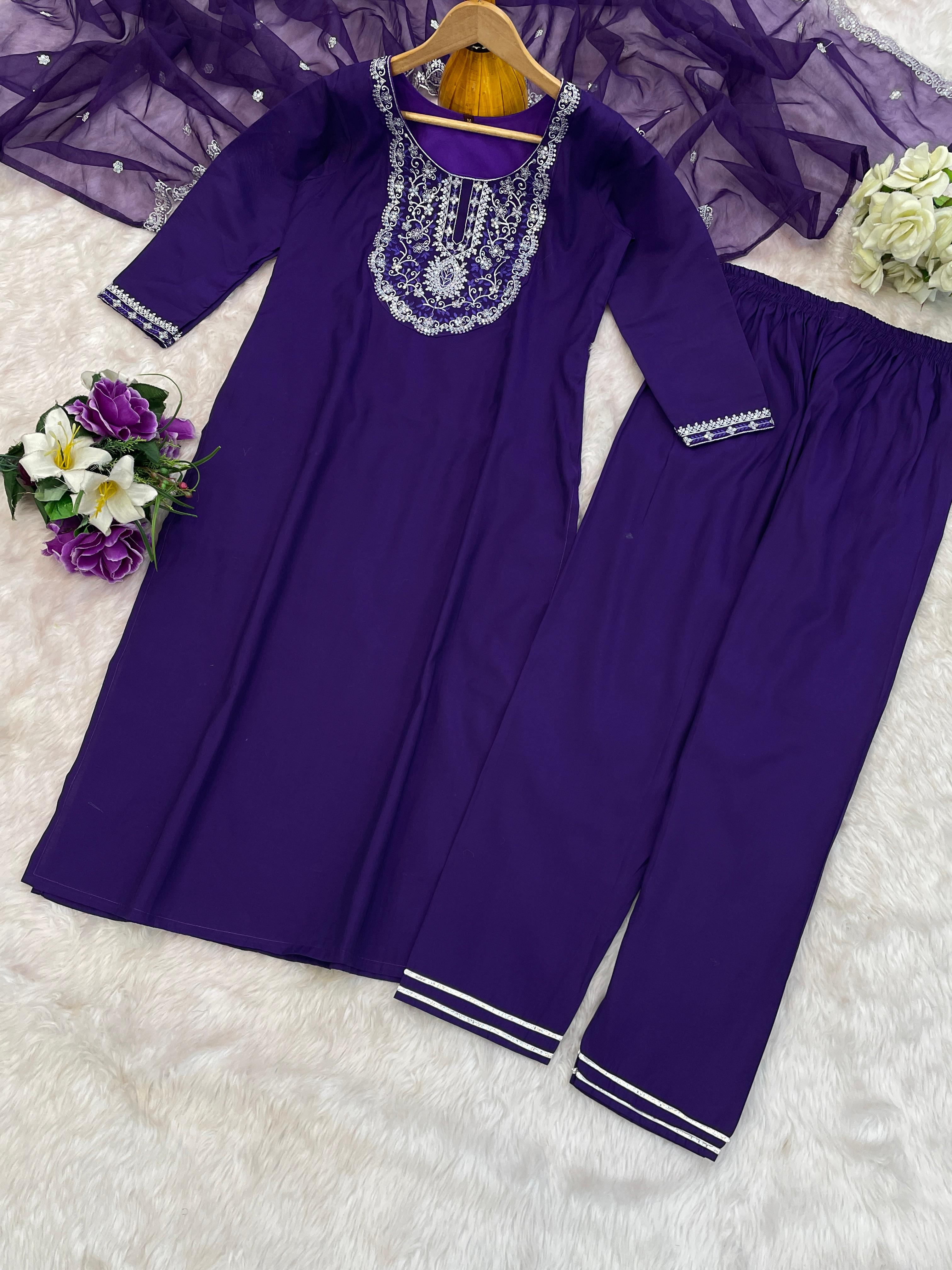 Ravishing Purple Roman Silk Embroidered Work Suit Set
