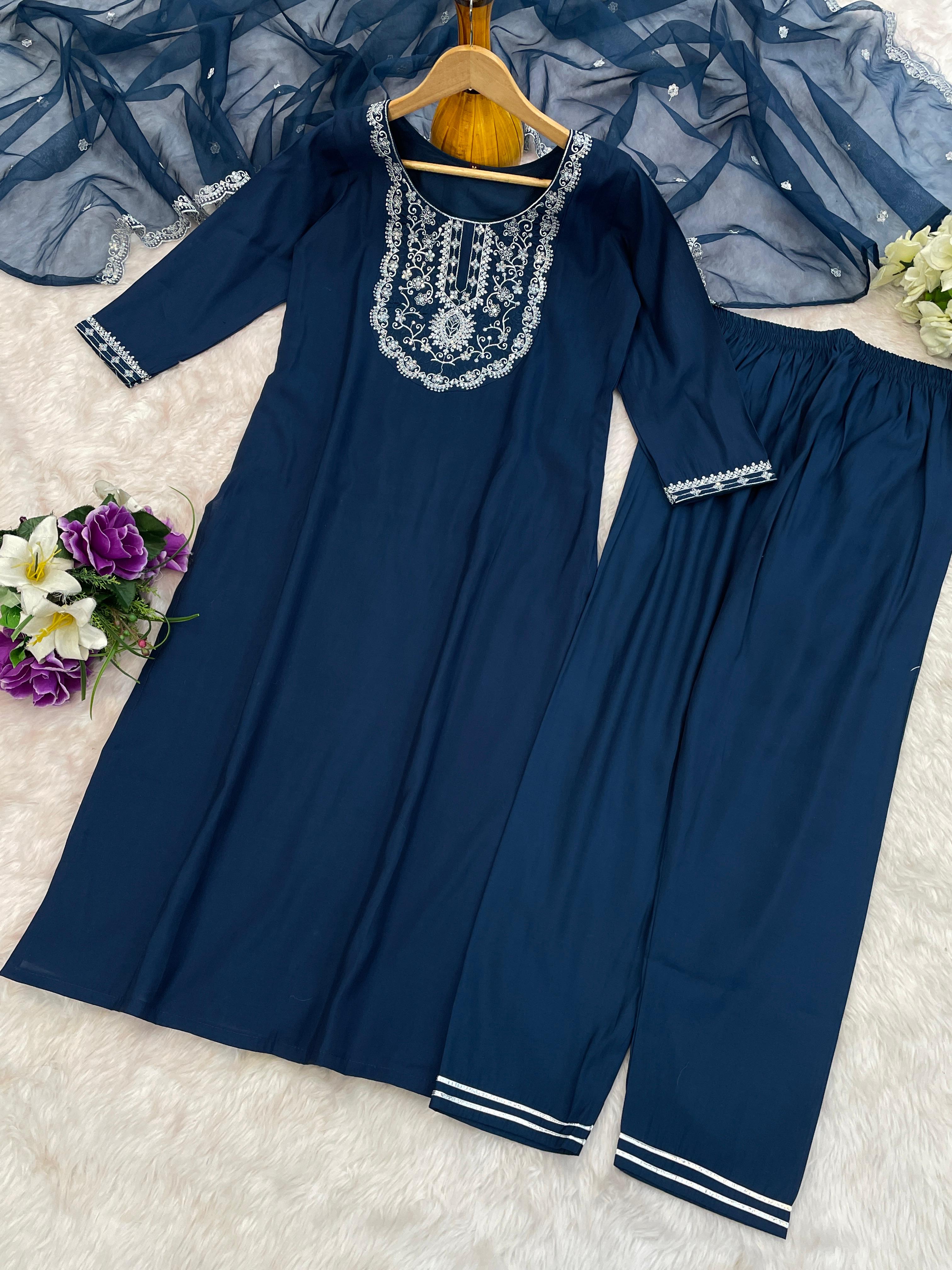 Surpassing Navy Blue Roman Silk Embroidered Work Suit Set
