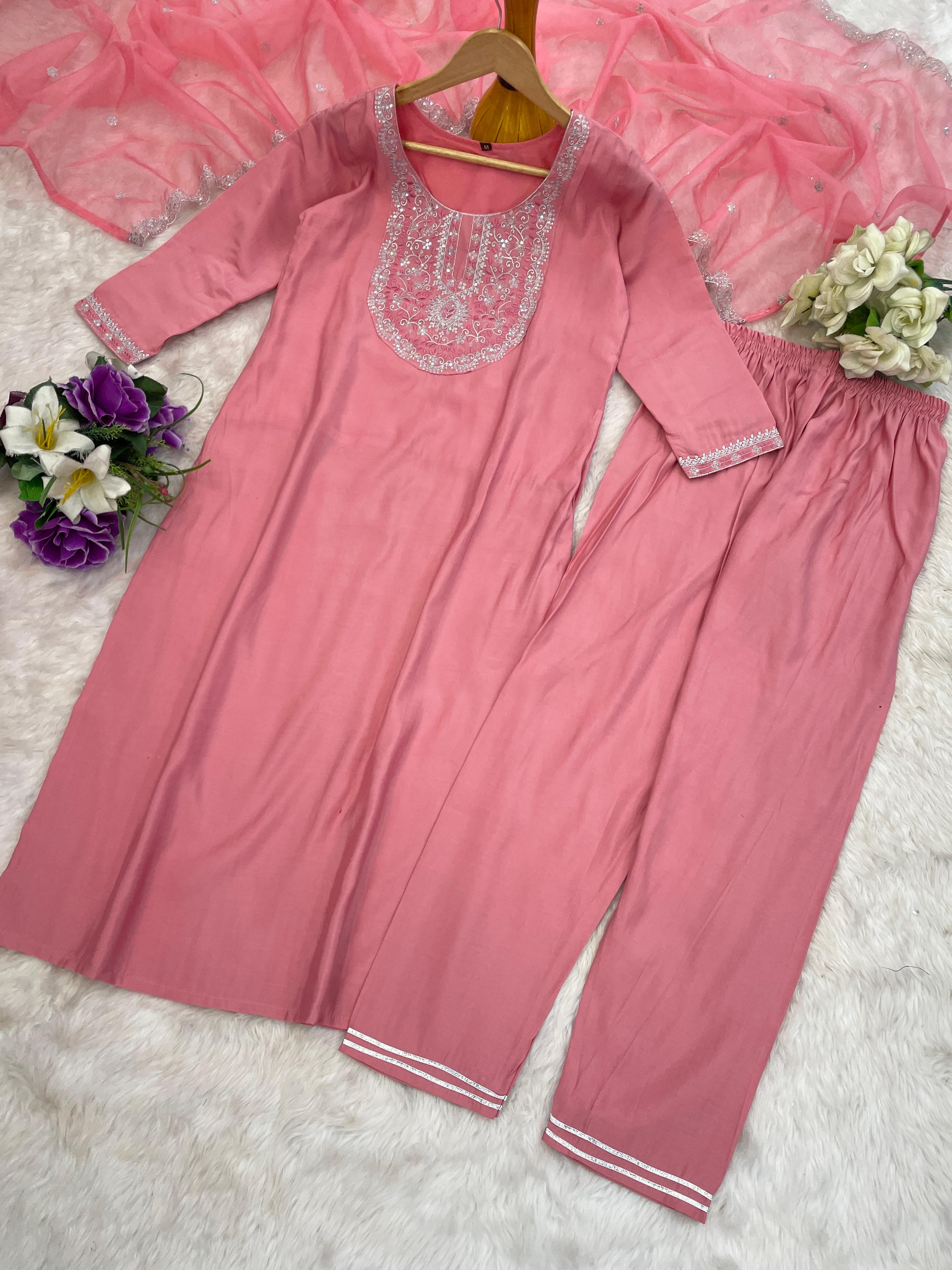 Precious Baby Pink Roman Silk Embroidered Work Suit Set