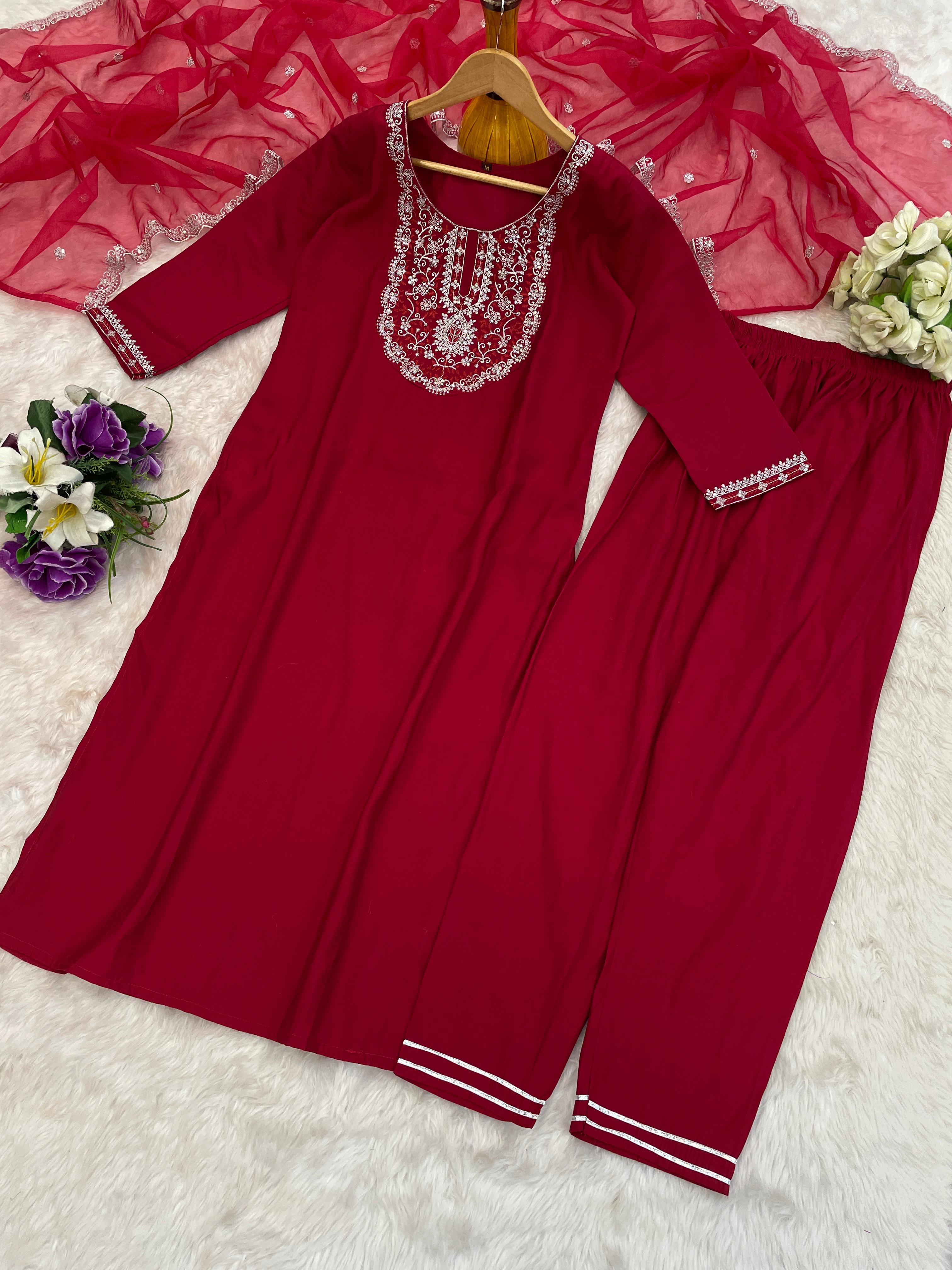 Exquisite Maroon Roman Silk Embroidered Work Suit Set