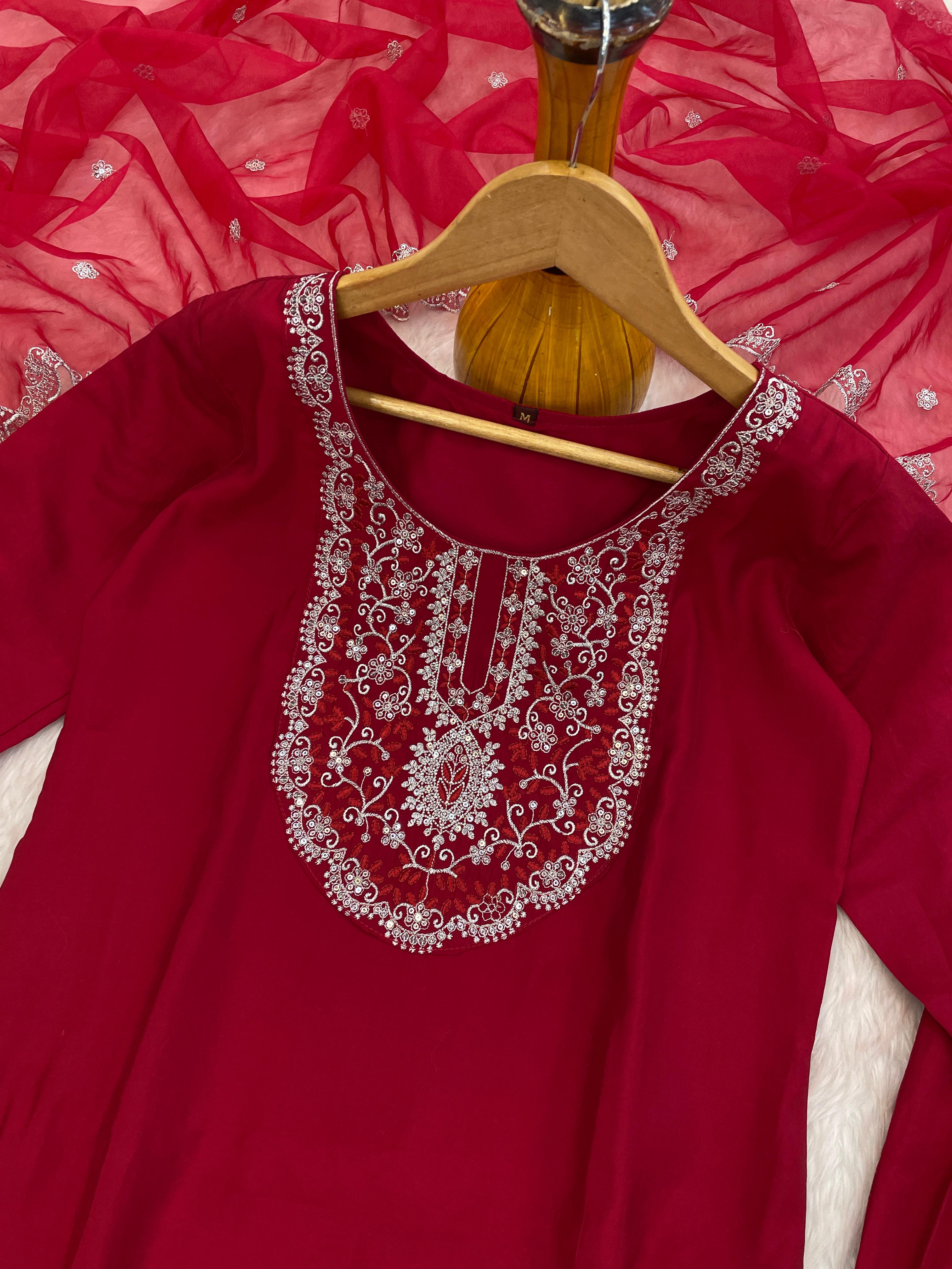 Exquisite Maroon Roman Silk Embroidered Work Suit Set