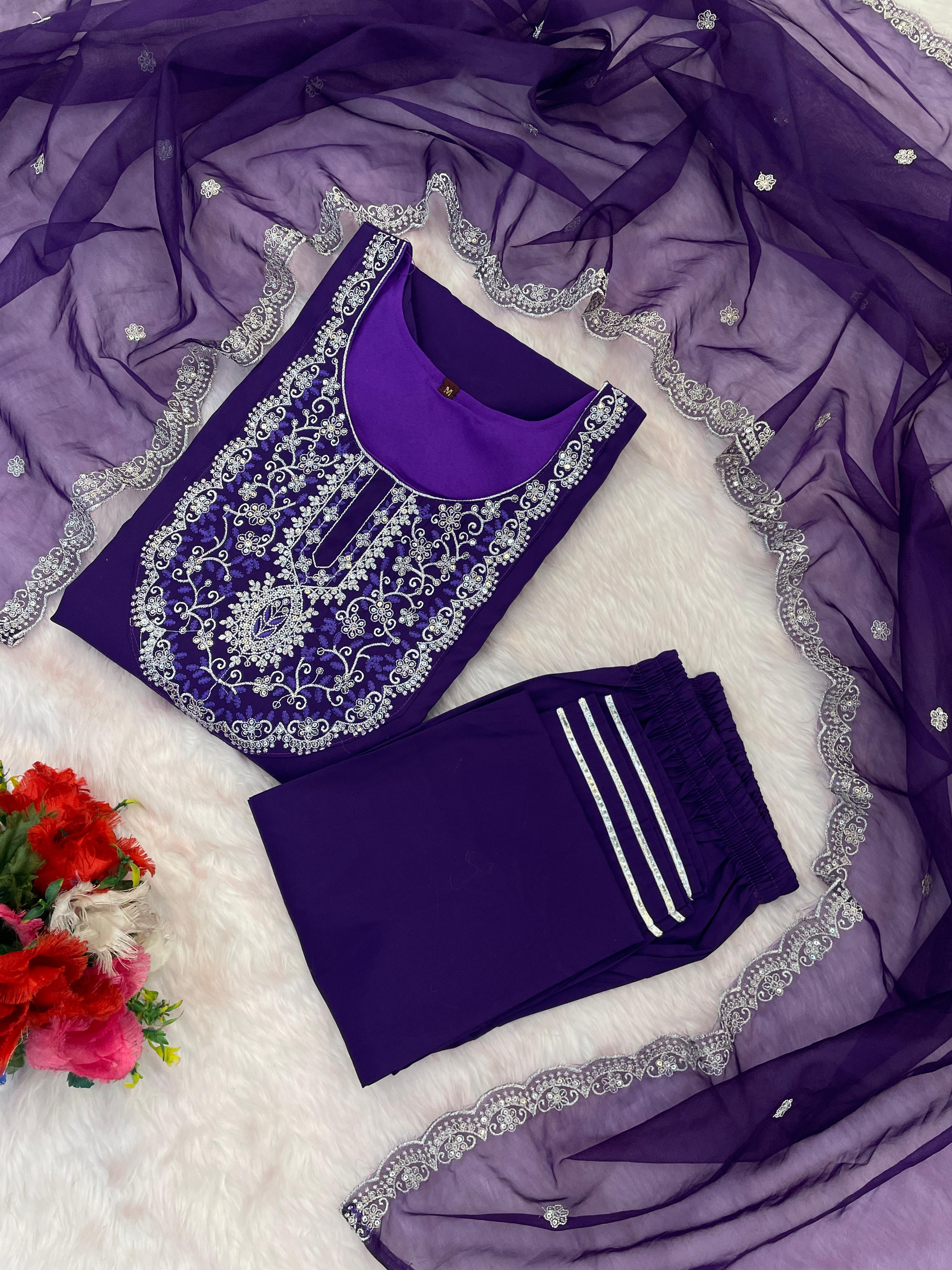 Ravishing Purple Roman Silk Embroidered Work Suit Set