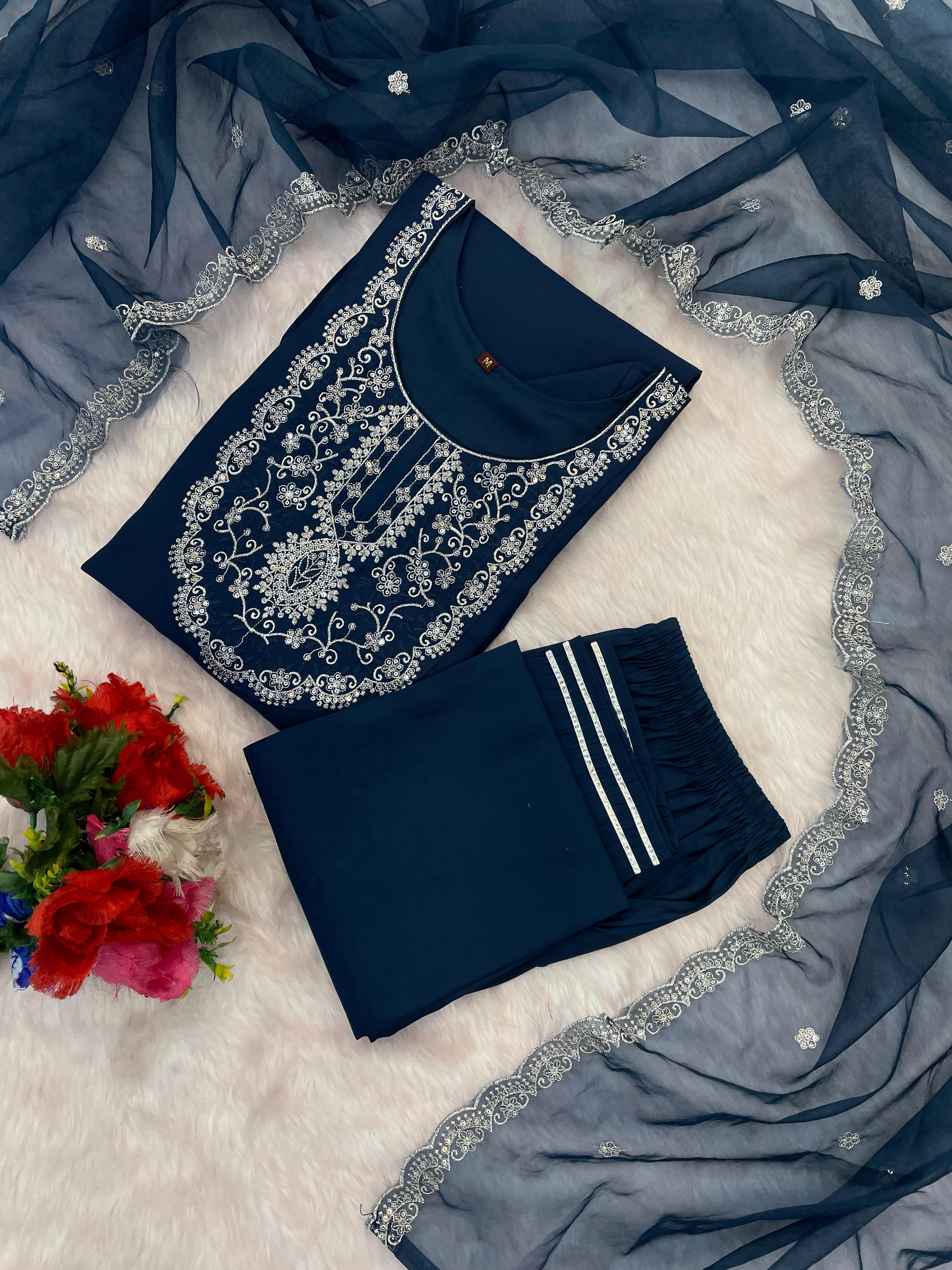 Surpassing Navy Blue Roman Silk Embroidered Work Suit Set