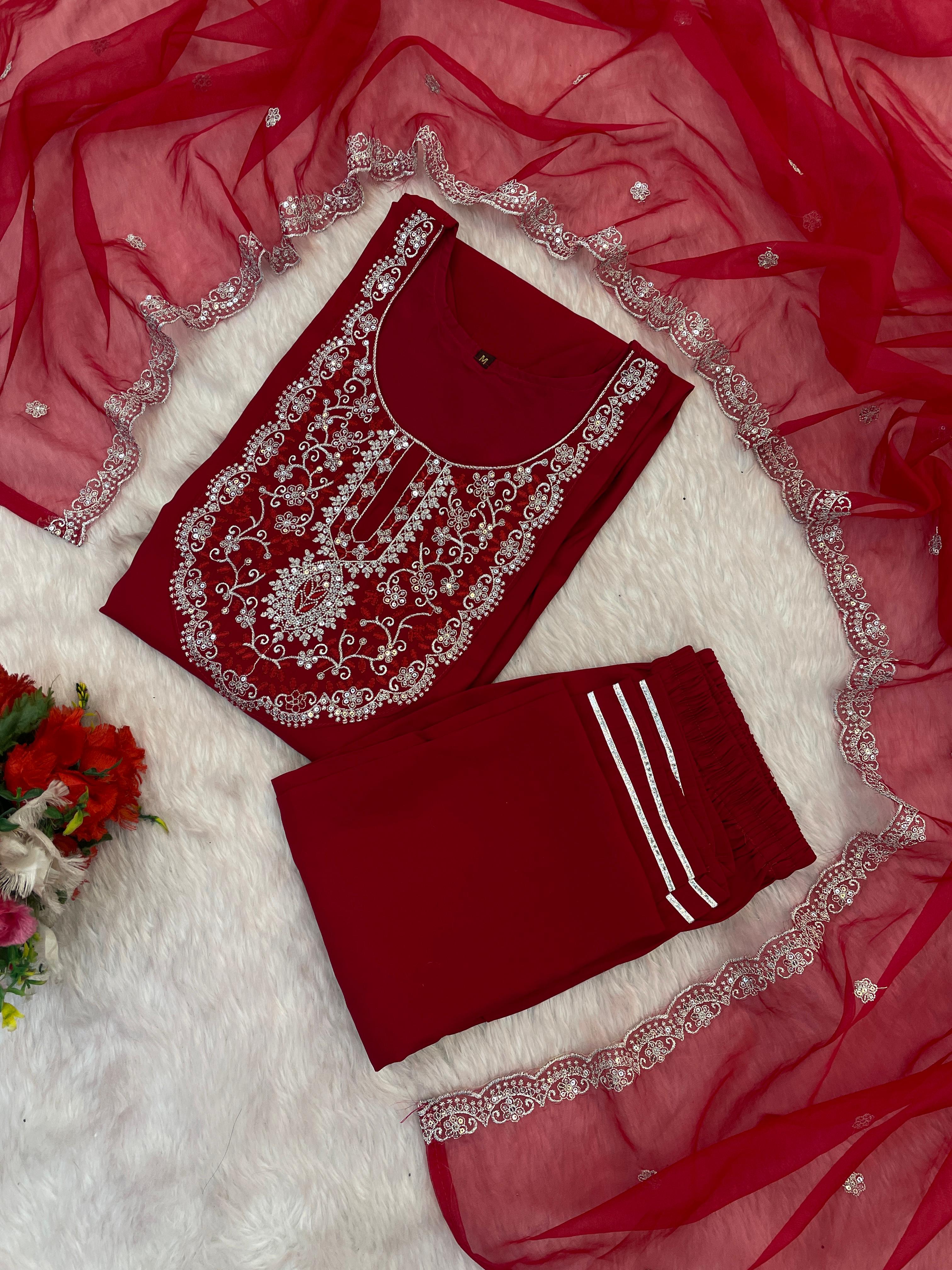 Exquisite Maroon Roman Silk Embroidered Work Suit Set