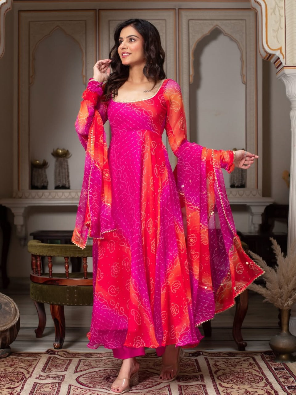 Glowing Pink & Orange Fox Georgette Bandhani Print Fancy Anarkali Suit Set