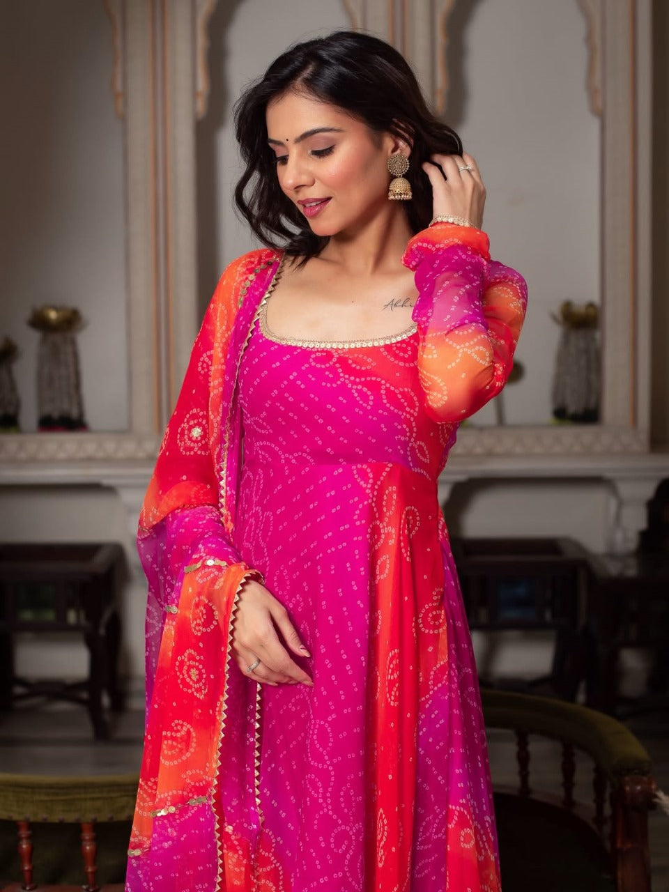 Glowing Pink & Orange Fox Georgette Bandhani Print Fancy Anarkali Suit Set