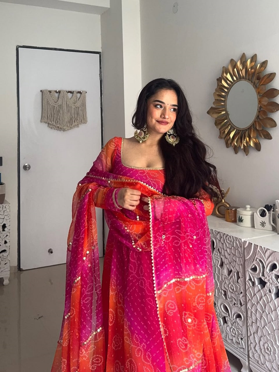 Glowing Pink & Orange Fox Georgette Bandhani Print Fancy Anarkali Suit Set